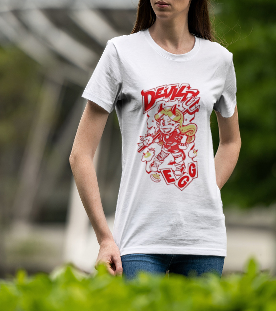 Devil Egg Cartoon Character With Pitchfork And Horns T-Shirt