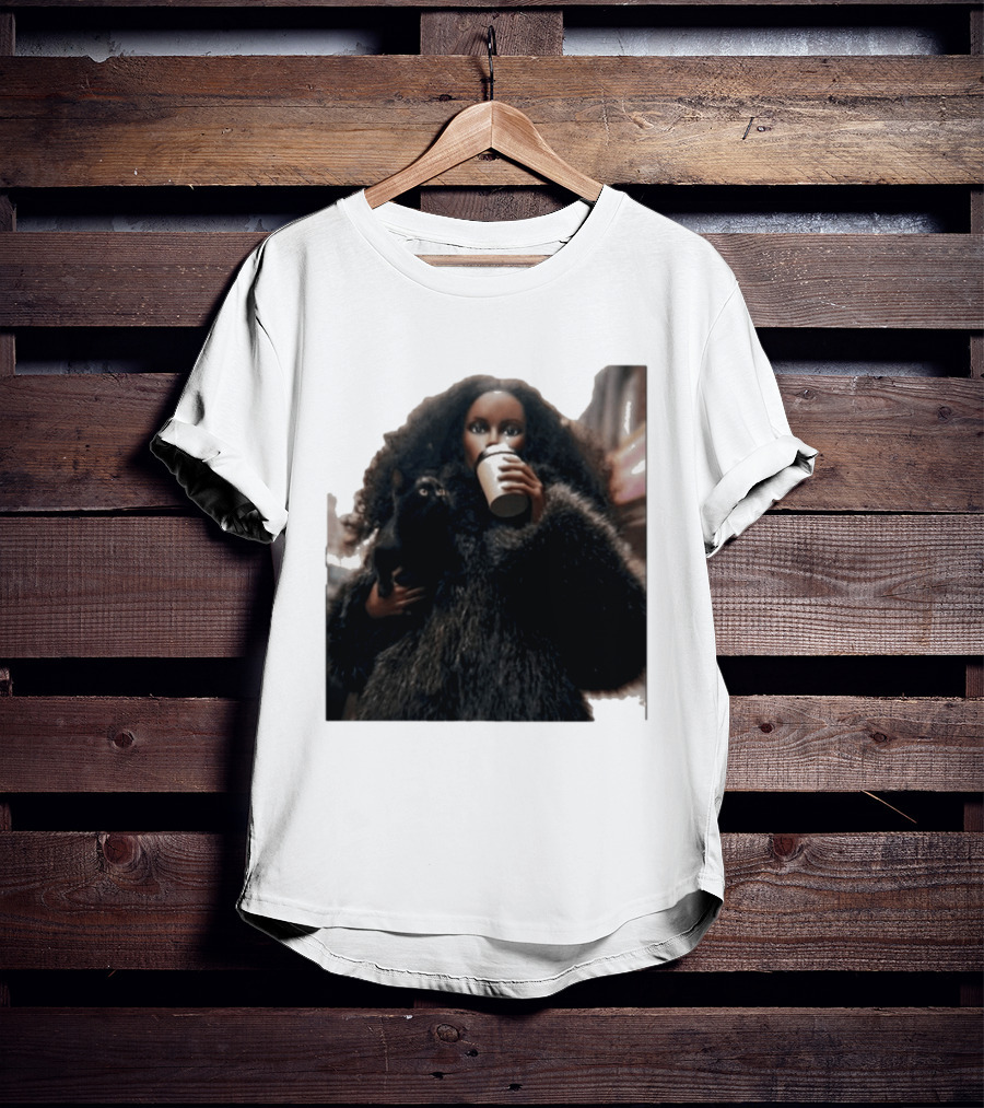 Diana's Cat Club Fashionable Coffee Moment With Furry Coat And Black Cat T-Shirt