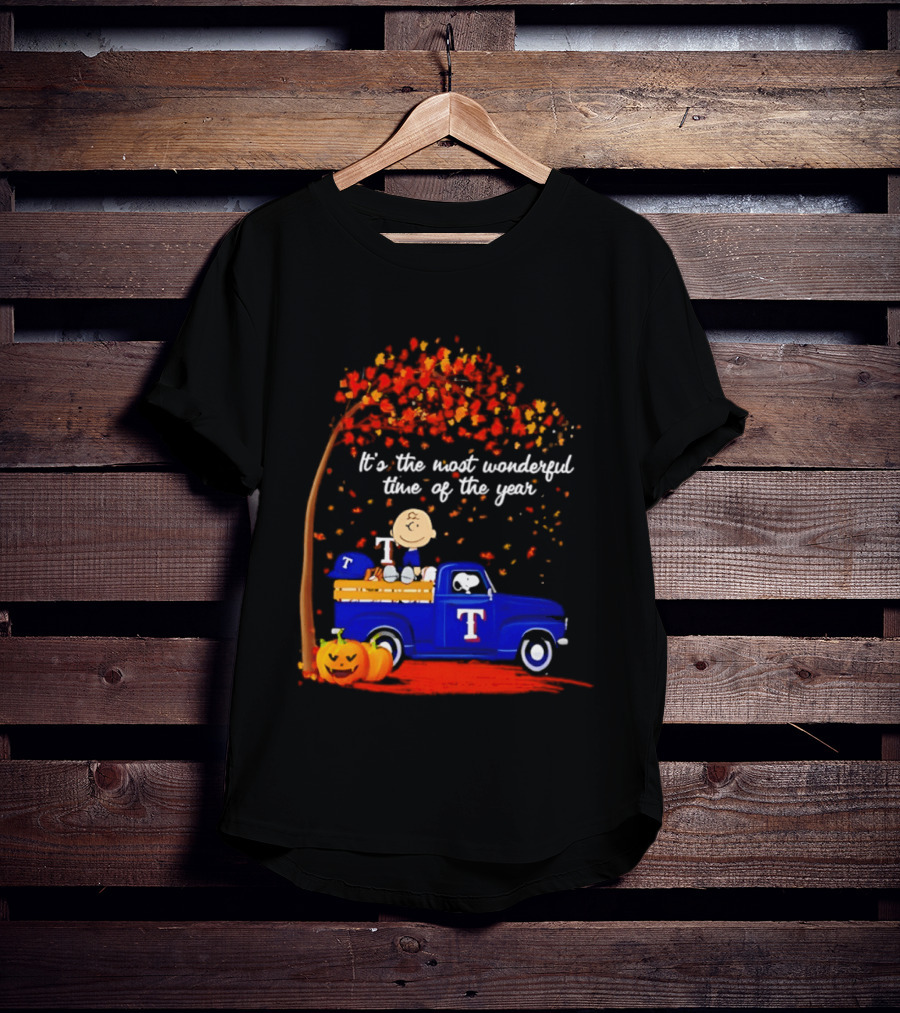 Snoopy Charlie Brown Texas Rangers Halloween 2026 It's The Most Wonderful Time Of The Year Truck Pumpkins T-Shirt