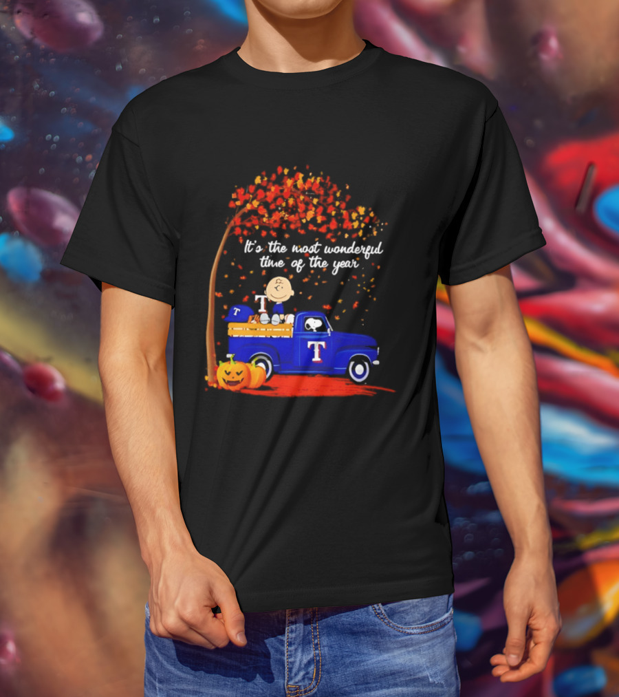 Snoopy Charlie Brown Texas Rangers Halloween 2026 It's The Most Wonderful Time Of The Year Truck Pumpkins T-Shirt