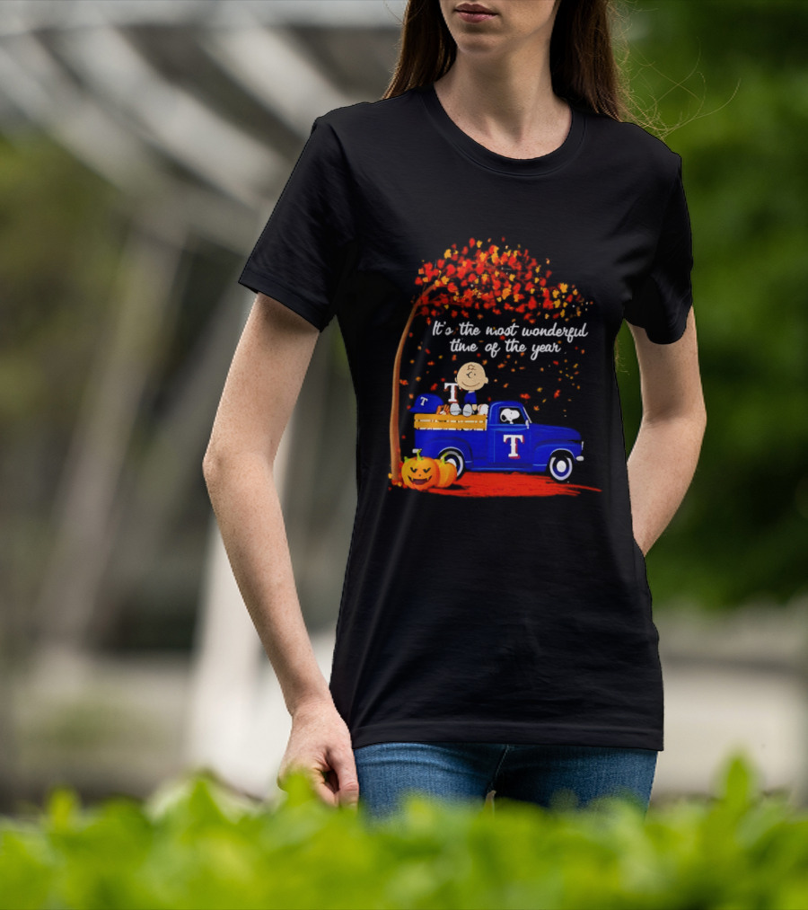 Snoopy Charlie Brown Texas Rangers Halloween 2026 It's The Most Wonderful Time Of The Year Truck Pumpkins T-Shirt