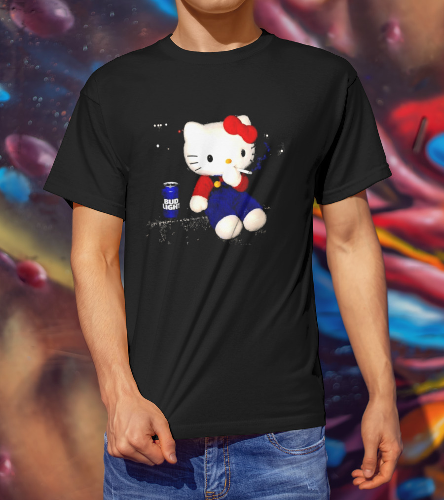 Hello Kitty With Smoking And Bud Light Can T-Shirt