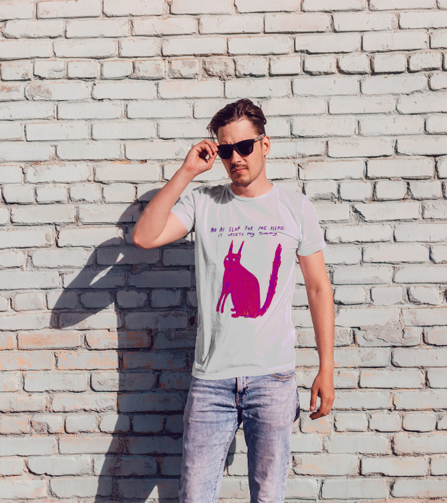 No AI Slop For Me Please It Upsets My Tummy Pink Cat T-Shirt