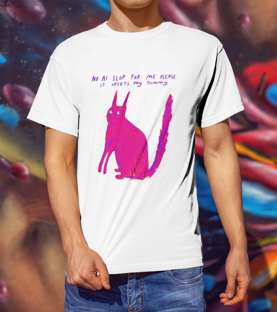 No AI Slop For Me Please It Upsets My Tummy Pink Cat T-Shirt