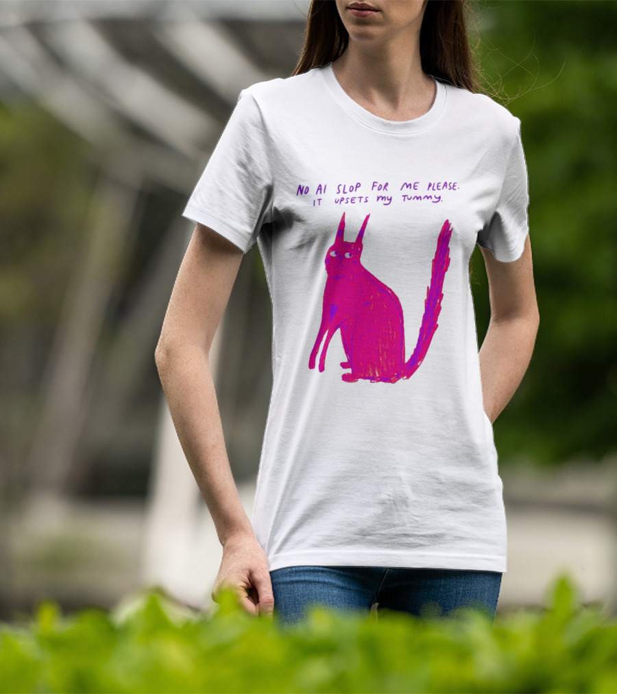 No AI Slop For Me Please It Upsets My Tummy Pink Cat T-Shirt