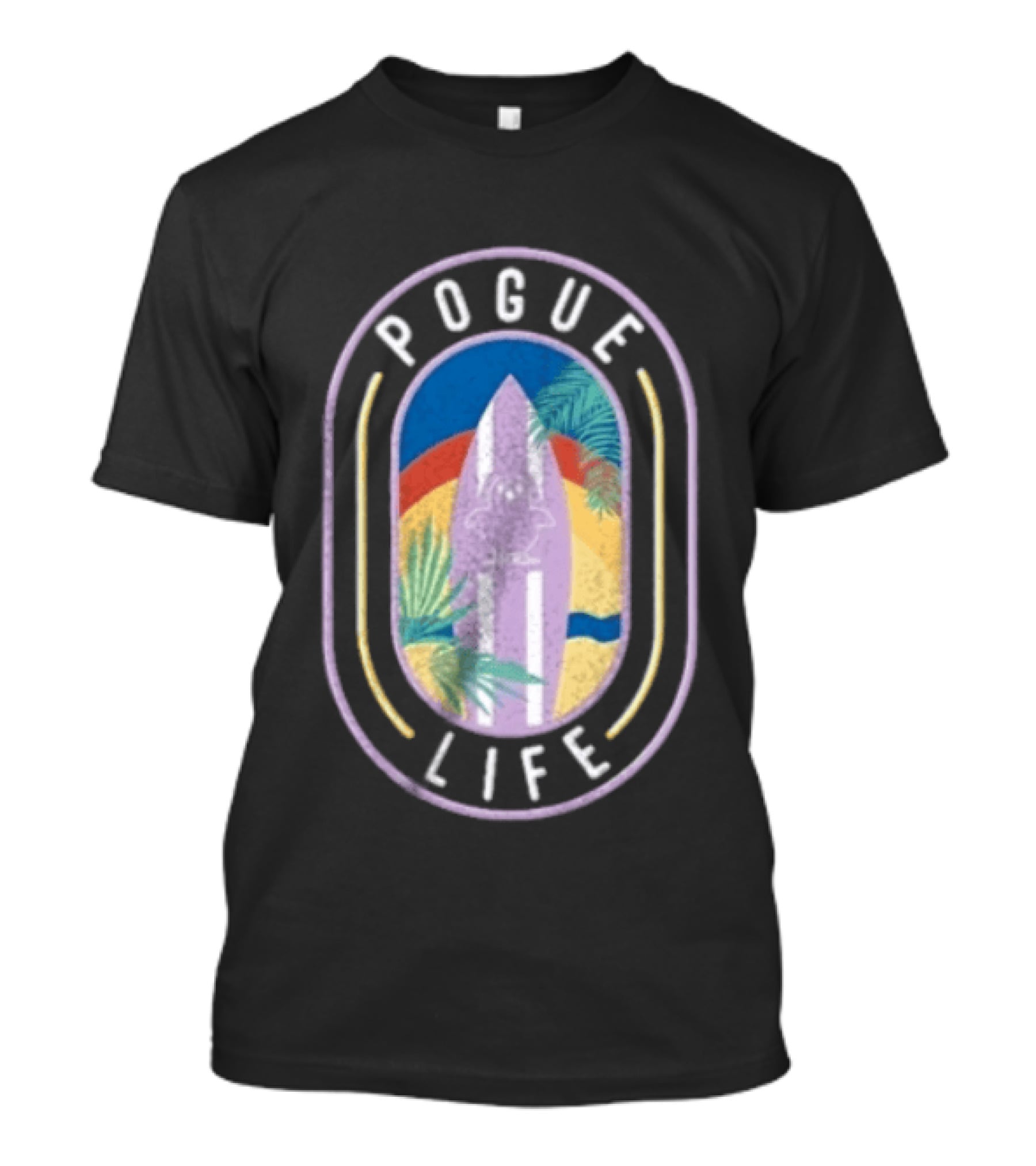 Pogue Life Surfboard And Palm Tree Colorful Tropical T-Shirt