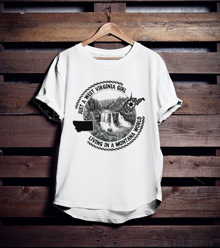 AI West Virginia Girl Living In A Montana World Forest Waterfall Scene T-Shirt