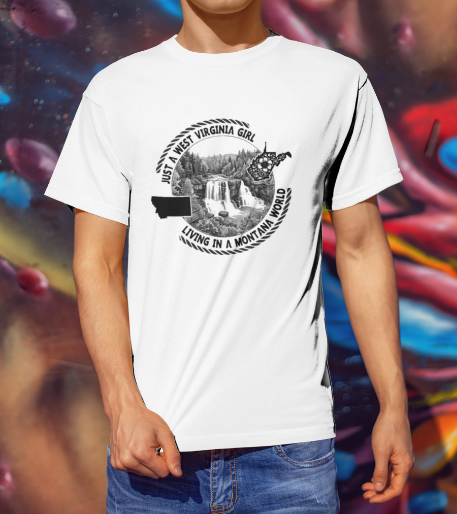 AI West Virginia Girl Living In A Montana World Forest Waterfall Scene T-Shirt