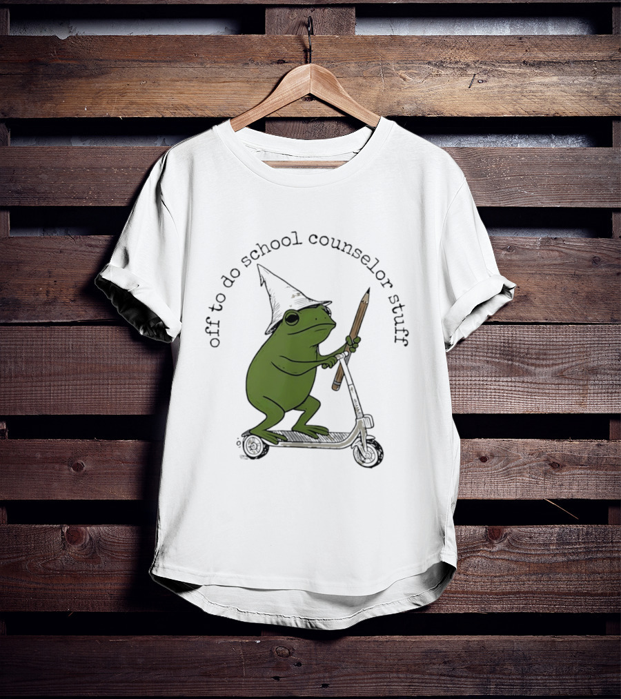 Frog Off To Do School Counselor Stuff With Wizard Hat Riding Scooter T-Shirt