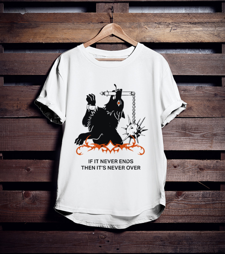If It Never Ends Then It's Never Over Gothic Skeleton Warrior With Spiked Mace And Orange Flames T-Shirt