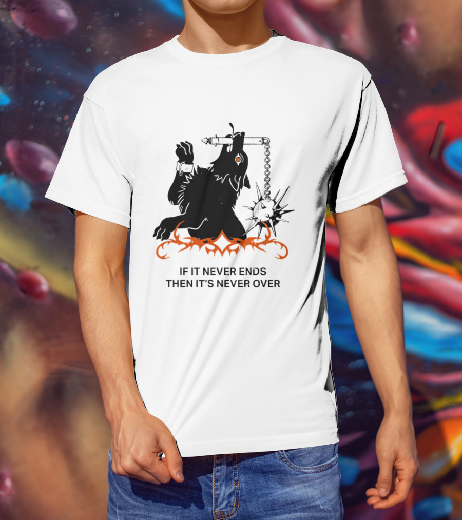 If It Never Ends Then It's Never Over Gothic Skeleton Warrior With Spiked Mace And Orange Flames T-Shirt