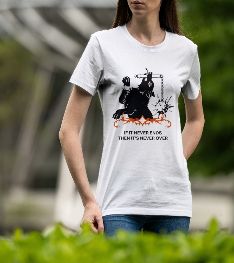 If It Never Ends Then It's Never Over Gothic Skeleton Warrior With Spiked Mace And Orange Flames T-Shirt