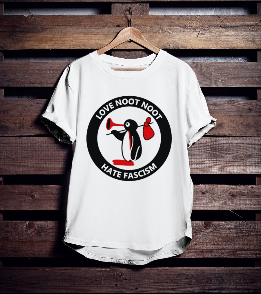 Love Noot Noot Hate Fascism Penguin Carrying Red Bag T-Shirt