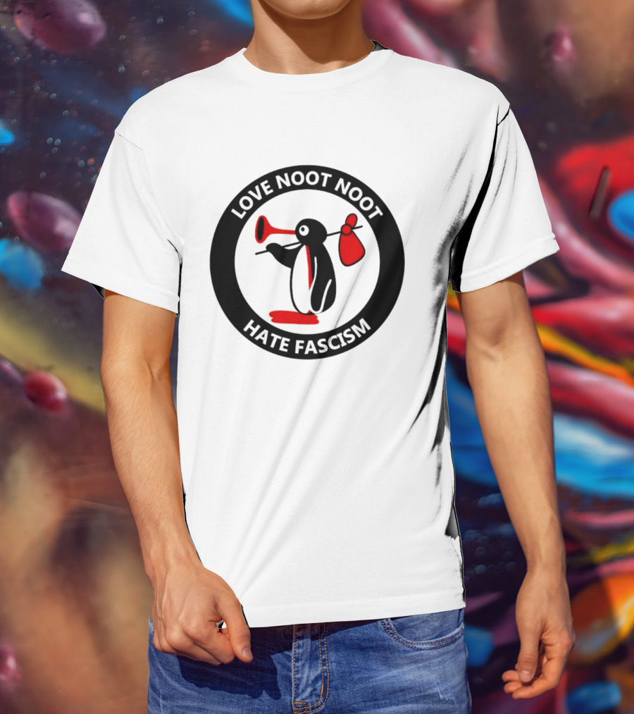 Love Noot Noot Hate Fascism Penguin Carrying Red Bag T-Shirt