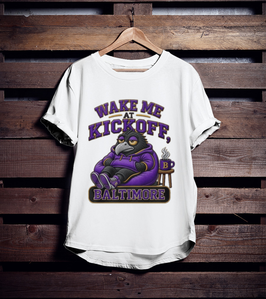 Wake Me At Kickoff Baltimore Purple Bird With Coffee T-Shirt