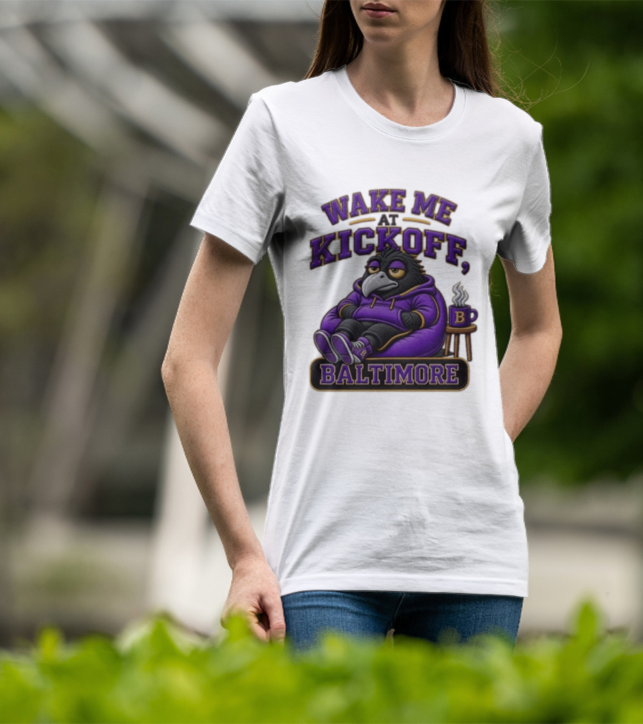 Wake Me At Kickoff Baltimore Purple Bird With Coffee T-Shirt