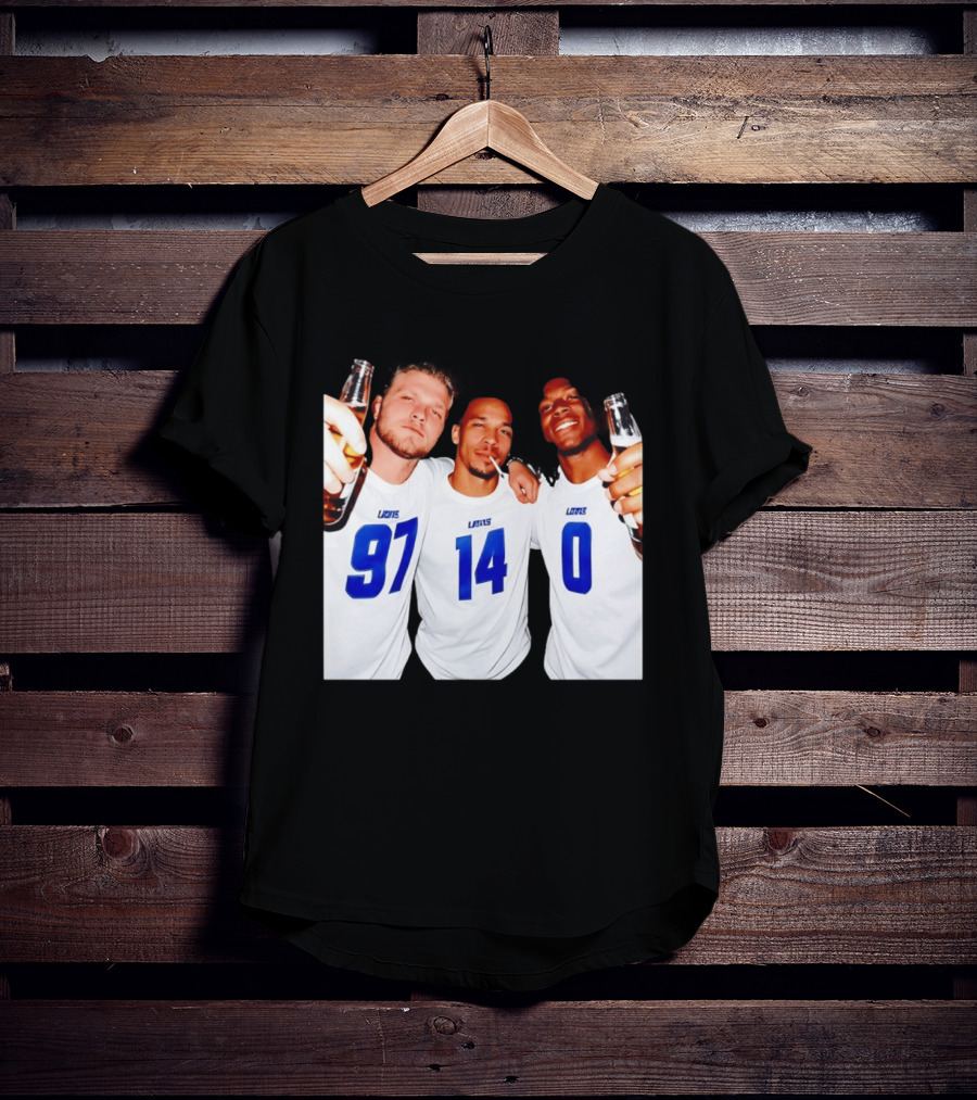 Detroit Lions Aidan Hutchinson Amon Ra St. Brown Jahmyr Gibbs Holding Beer Bottles Smoking Celebration T-Shirt