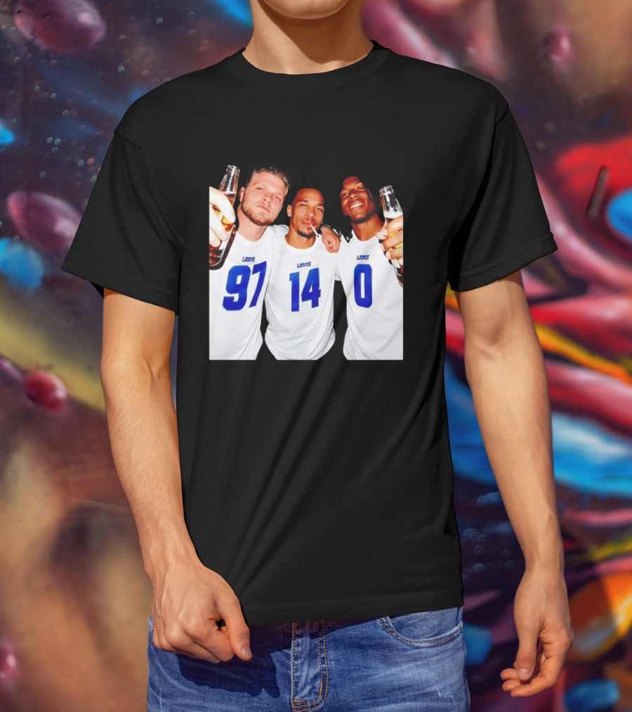 Detroit Lions Aidan Hutchinson Amon Ra St. Brown Jahmyr Gibbs Holding Beer Bottles Smoking Celebration T-Shirt