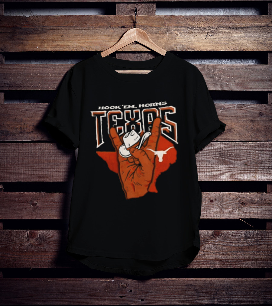 Hook 'em Texas Longhorns Hand Sign With Cowboy Hat And Longhorn T-Shirt