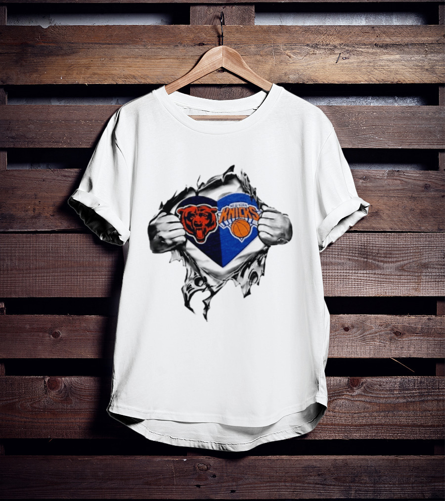 Chicago Bears New York Knicks Heart Symbol Fan Pride Collaboration T-Shirt