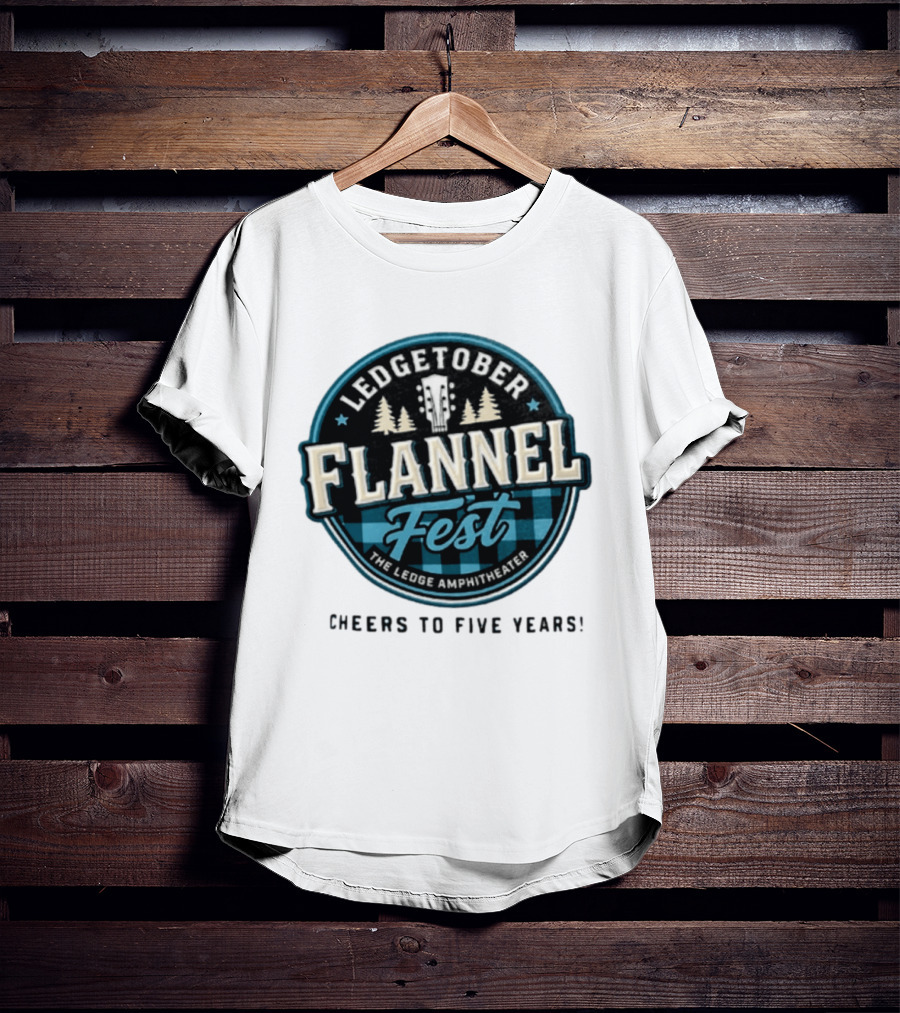 LedgeTober Flannel Fest The Ledge Amphitheater Cheers To Five Years Celebration With Trees And Guitar T-Shirt