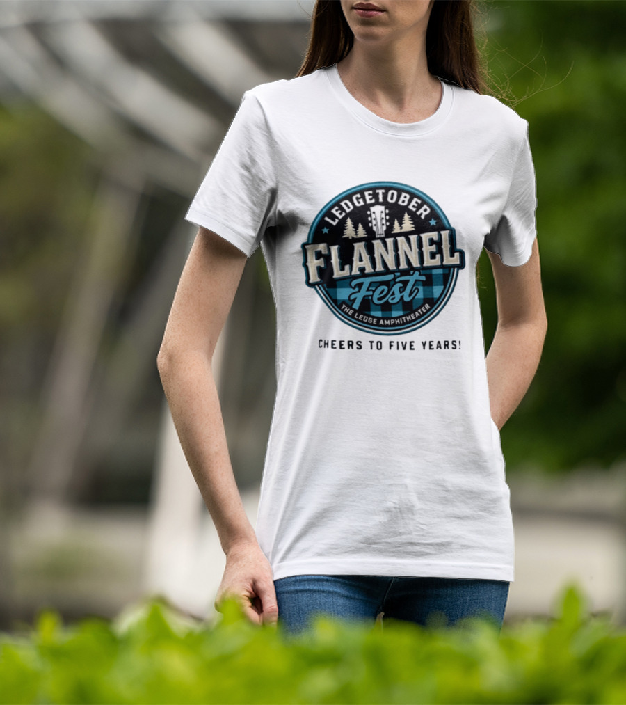 LedgeTober Flannel Fest The Ledge Amphitheater Cheers To Five Years Celebration With Trees And Guitar T-Shirt