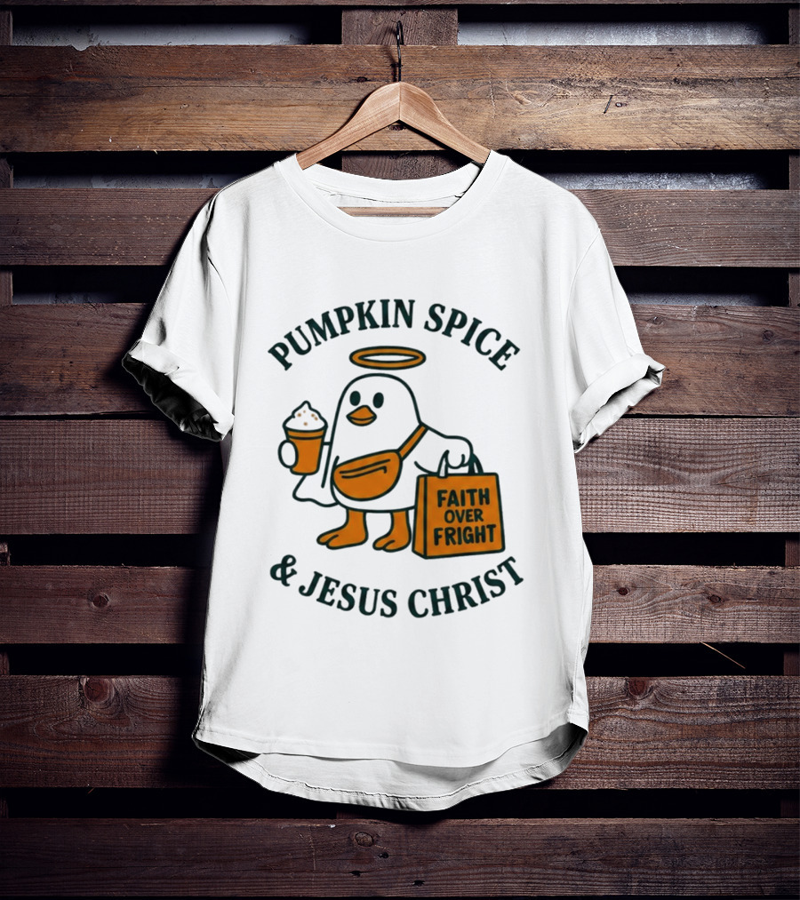 Pumpkin Spice Jesus Christ Faith Over Fright Angelic Penguin Coffee T-Shirt