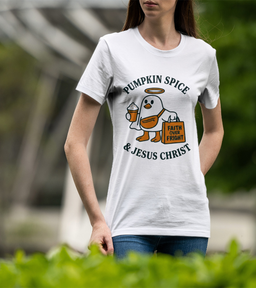 Pumpkin Spice Jesus Christ Faith Over Fright Angelic Penguin Coffee T-Shirt