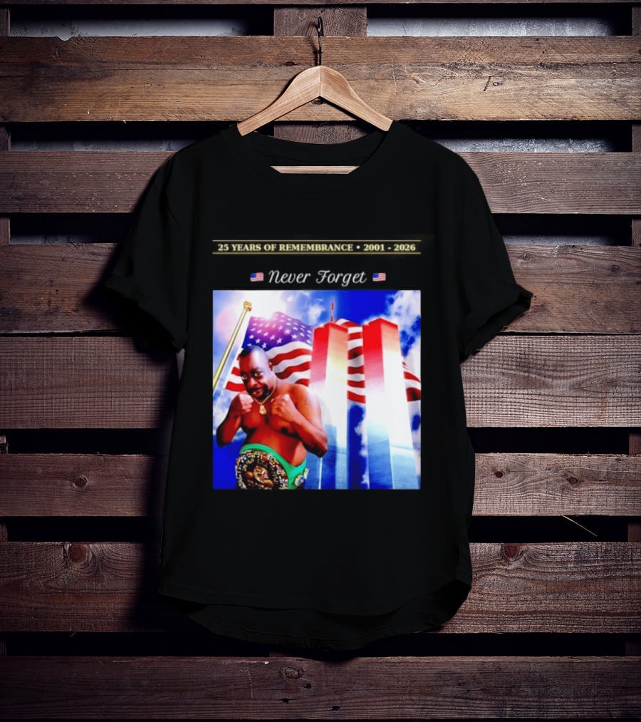 25 Years Of Remembrance 2001 2026 Beetlejuice Never Forget Twin Towers Boxing Belt American Flag T-Shirt