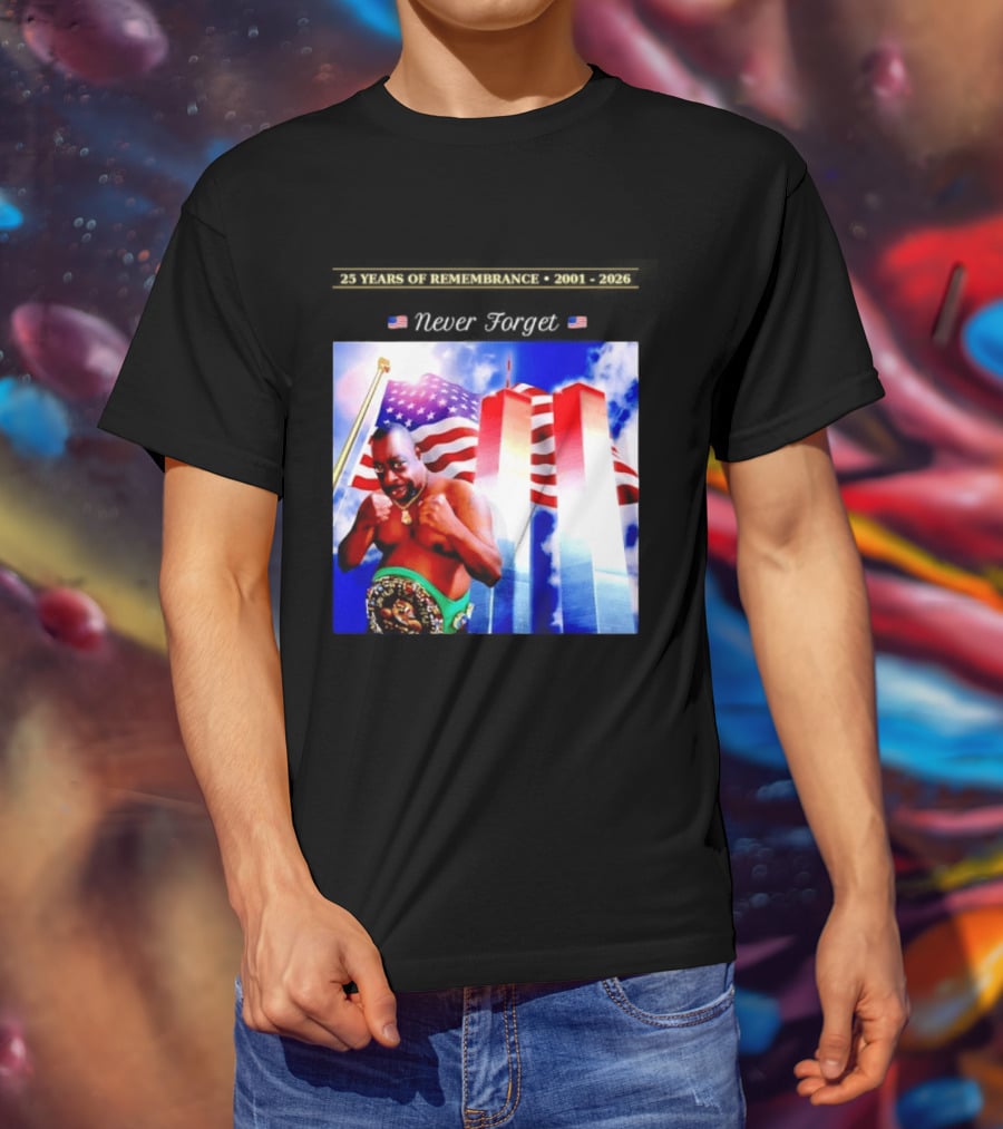 25 Years Of Remembrance 2001 2026 Beetlejuice Never Forget Twin Towers Boxing Belt American Flag T-Shirt