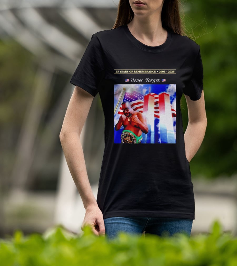 25 Years Of Remembrance 2001 2026 Beetlejuice Never Forget Twin Towers Boxing Belt American Flag T-Shirt