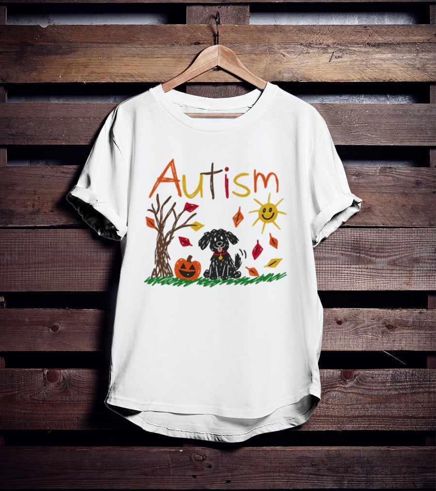 Autism Dog Pumpkin Halloween Fall Leaves Drawing T-Shirt