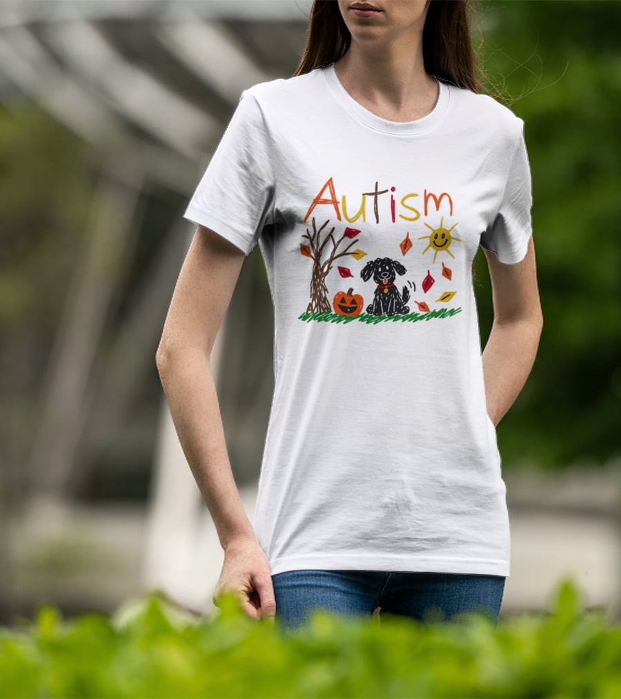Autism Dog Pumpkin Halloween Fall Leaves Drawing T-Shirt