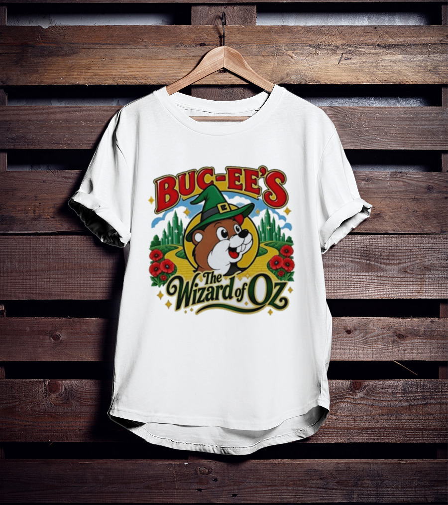 Buc Ee's The Wizard Of Oz Themed Parody With Beaver In Green Hat And Yellow Brick Road T-Shirt