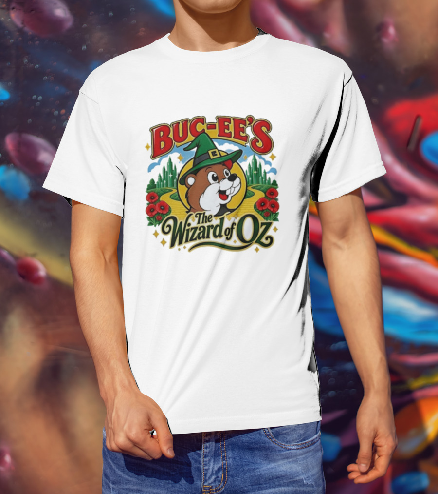 Buc Ee's The Wizard Of Oz Themed Parody With Beaver In Green Hat And Yellow Brick Road T-Shirt