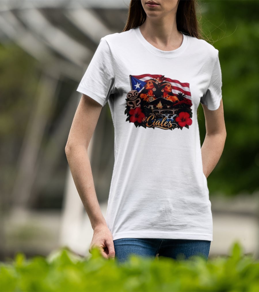 Ciales Puerto Rico Taino Women With Flag Hibiscus Flowers And Indigenous T-Shirt