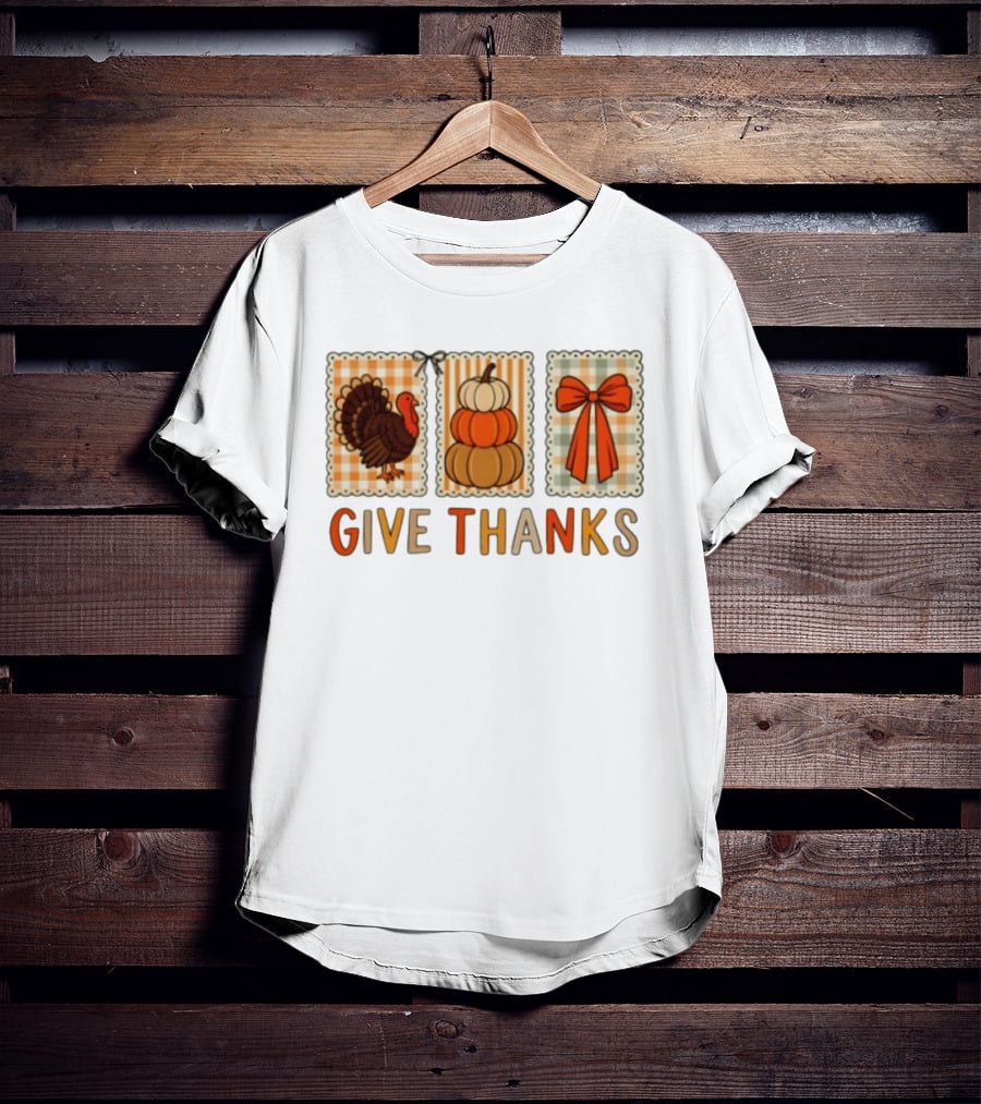 Thanksgiving Give Thanks Turkey Pumpkin Bow Harvest Celebration T-Shirt