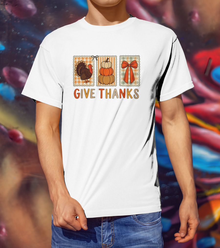 Thanksgiving Give Thanks Turkey Pumpkin Bow Harvest Celebration T-Shirt