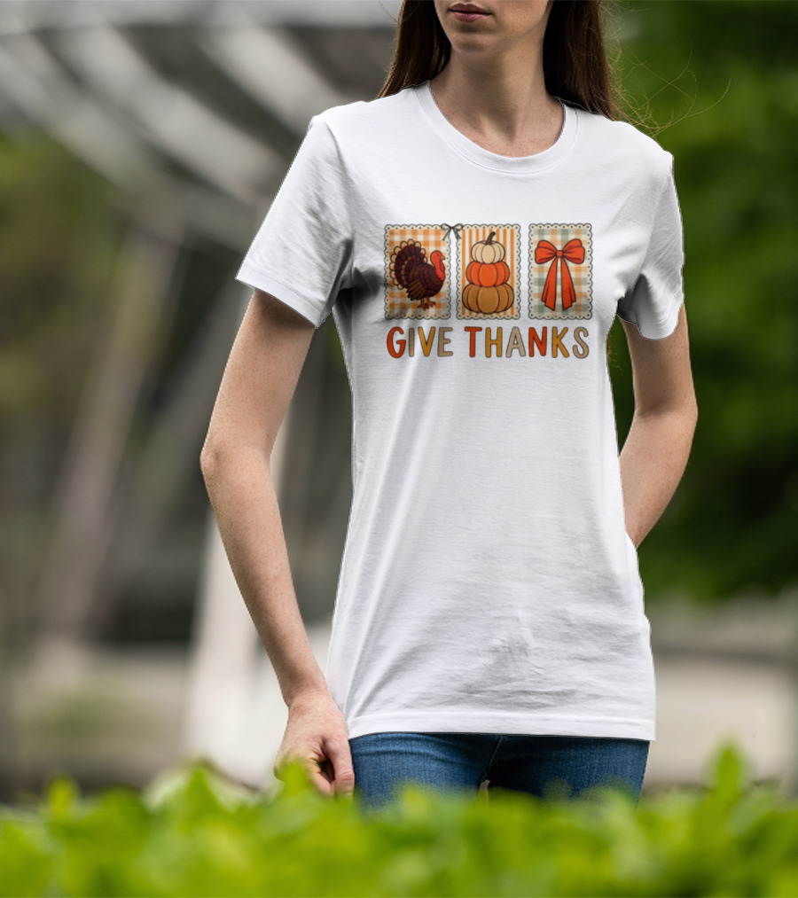 Thanksgiving Give Thanks Turkey Pumpkin Bow Harvest Celebration T-Shirt