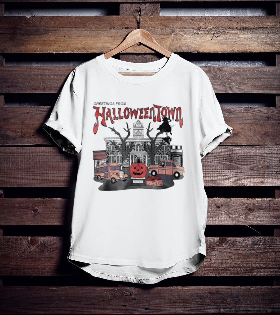 Greetings From Halloweentown Pumpkin Bus Witches Taxi T-Shirt