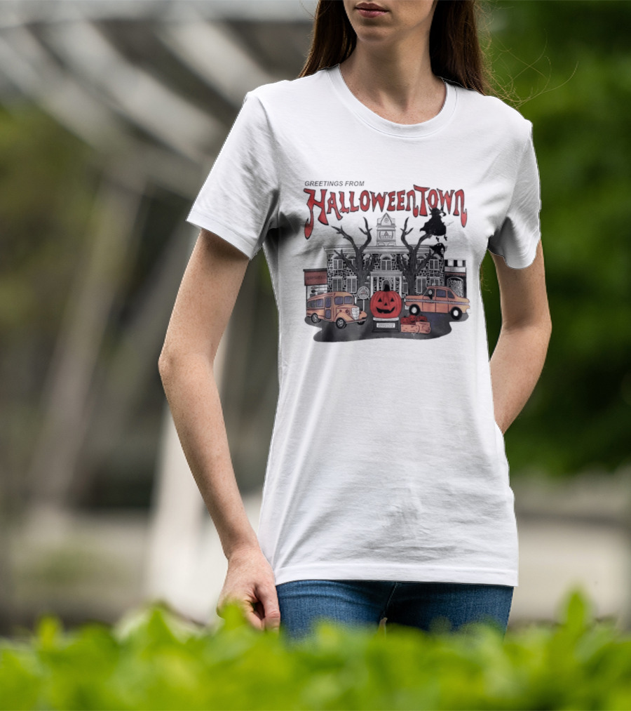 Greetings From Halloweentown Pumpkin Bus Witches Taxi T-Shirt