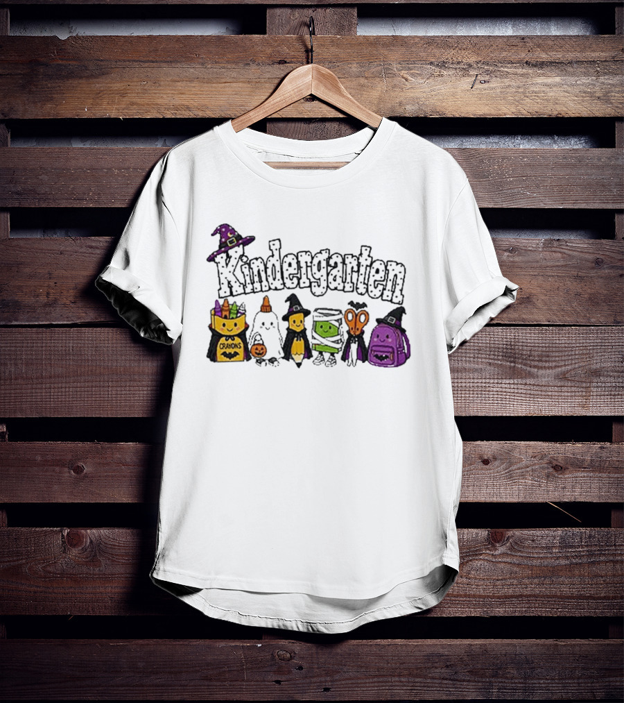 Kindergarten Crayons Ghost Bat Pumpkin Mummy Scissors Backpack Halloween T-Shirt