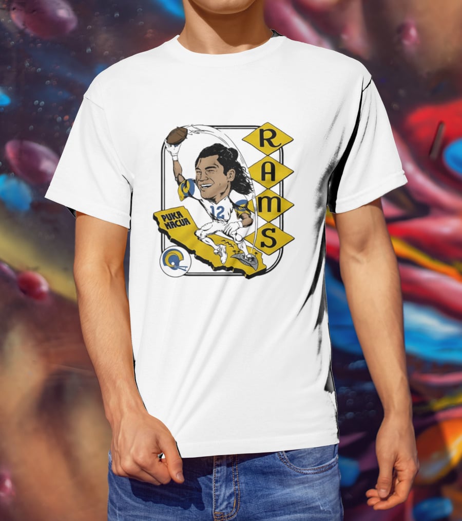 Los Angeles Rams Puka Nacua Caricature Football Player California Map T-Shirt