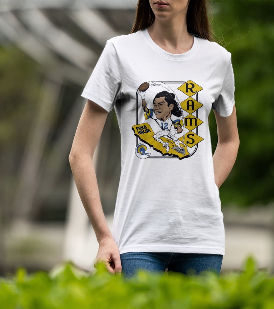Los Angeles Rams Puka Nacua Caricature Football Player California Map T-Shirt