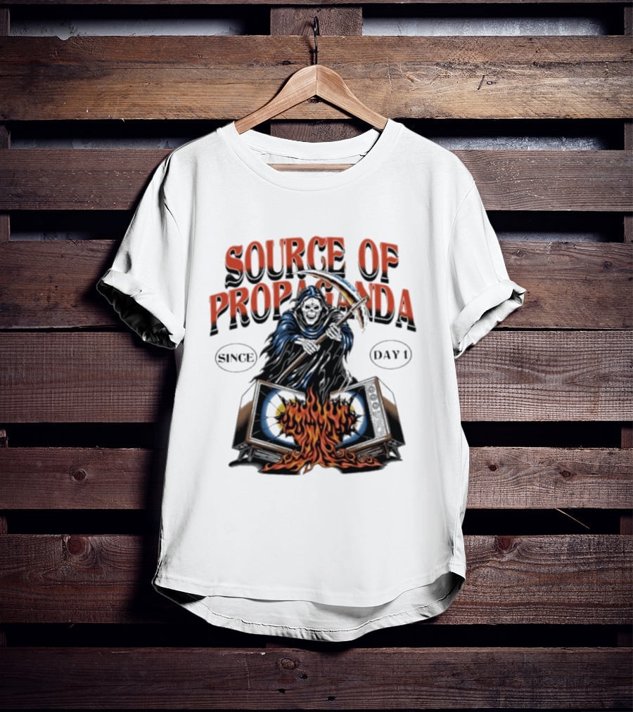 Source Of Propaganda Since Day 1 Grim Reaper Over Burning Television T-Shirt