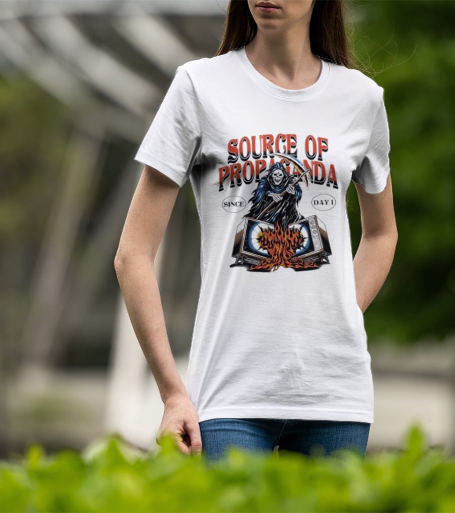 Source Of Propaganda Since Day 1 Grim Reaper Over Burning Television T-Shirt