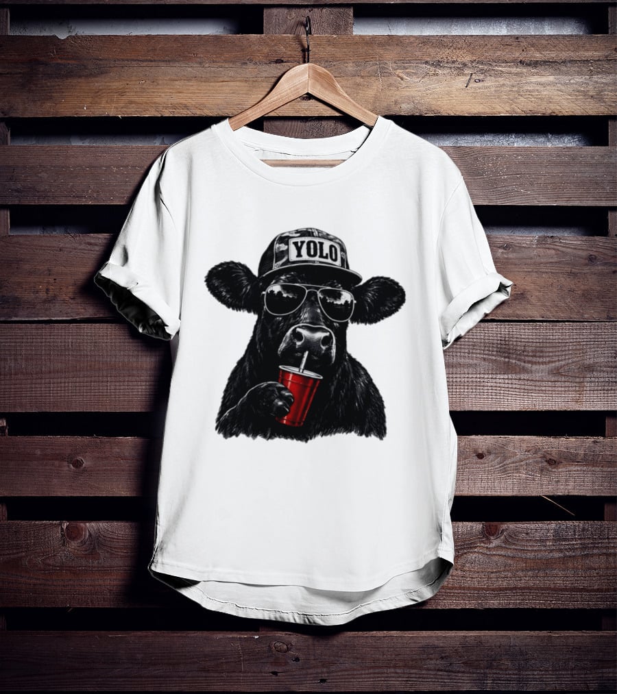 YOLO Angus Cattle With Sunglasses And Red Cup Western T-Shirt