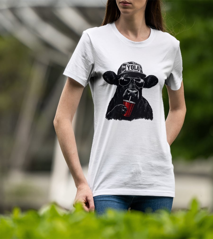 YOLO Angus Cattle With Sunglasses And Red Cup Western T-Shirt