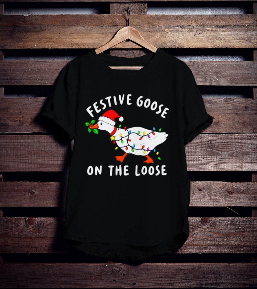 Festive Goose On The Loose With Christmas Lights And Santa Hat T-Shirt