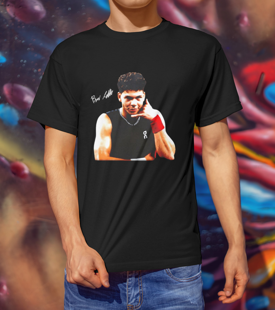 Ben Shelton Phone Gesture On Athletic Tank With Red Wristband T-Shirt